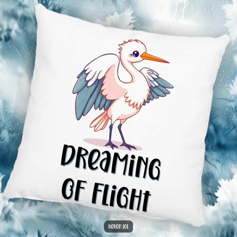 Funny Kawaii Heron Pillow: Plush pillow featuring a bird in elegant wing unfurling motion, offering humorous comfort and decor.