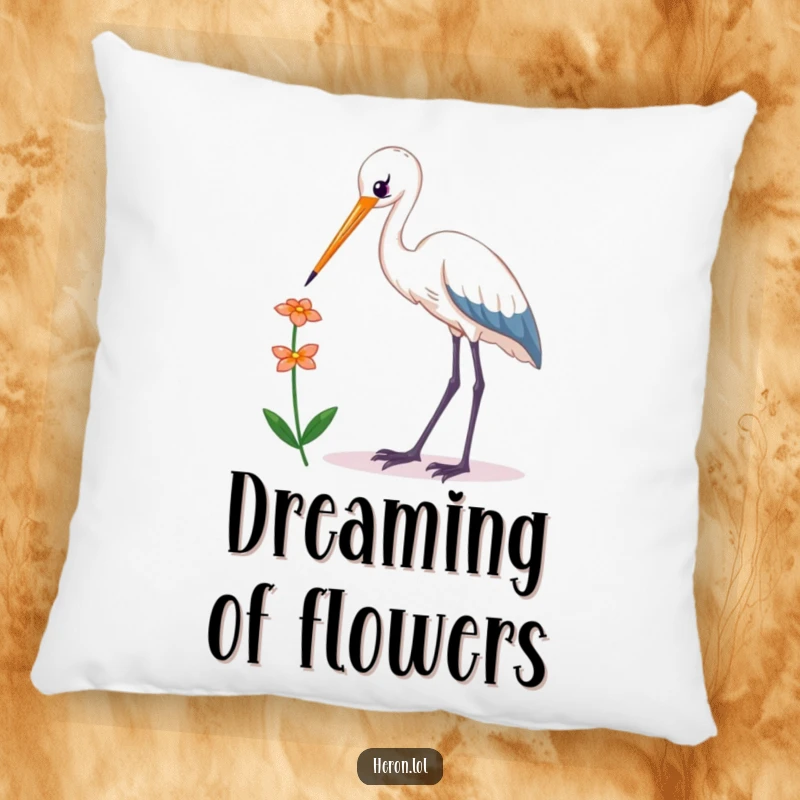 Funny Kawaii Heron Pillow: Plush pillow featuring a cute bird reaching for a flower, offering humorous comfort and decor.