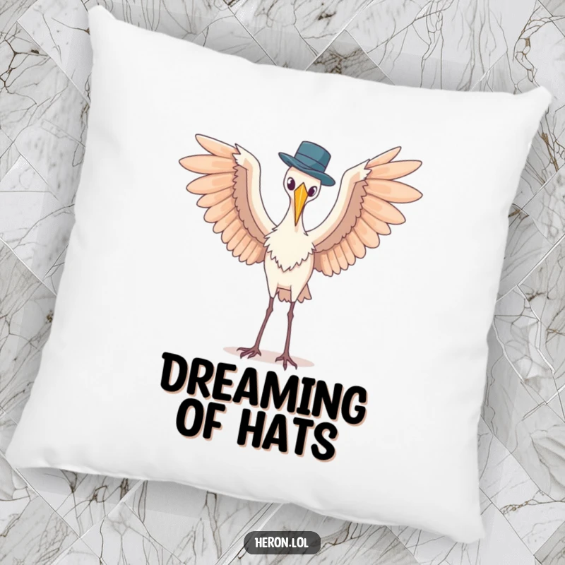 Funny pillow featuring a heron with spread wings awkwardly balancing a tiny hat, providing soft comfort and a humorous visual.
