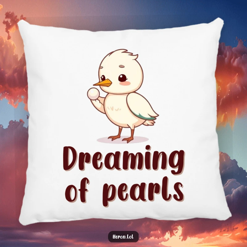 Funny shy heron pillow depicting a bird offering a shining pearl with its wing, offering humorous comfort and style.