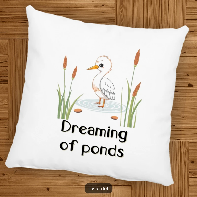 Funny Kawaii Heron Pillow: Plush pillow featuring a serene bird wading through reeds, offering humorous comfort and decor.