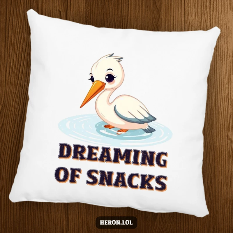 Funny pillow featuring a smiling heron fishing, beak submerged in shimmering water, offering comfort and a serene, humorous aesthetic.