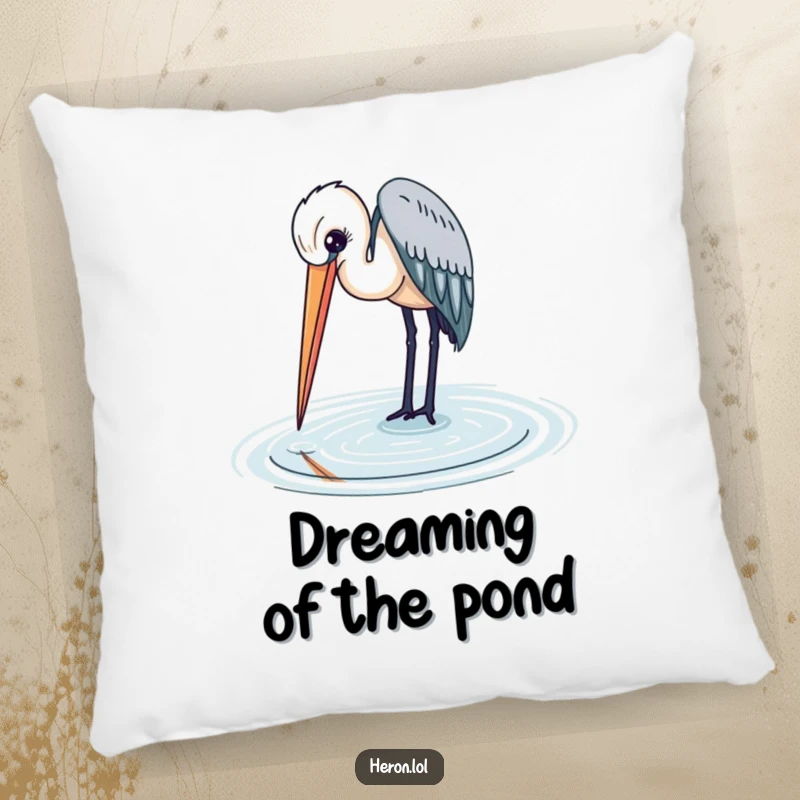 A gentle heron with its beak touching the water, depicted on a soft and comfortable pillow.