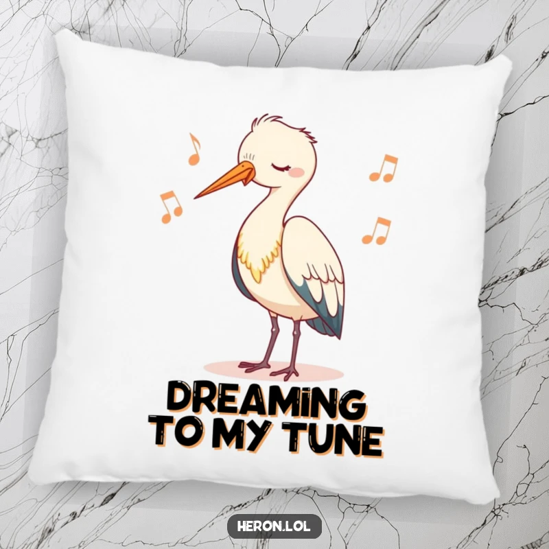 Funny decorative pillow featuring a cute heron character bobbing its head rhythmically, offering comfort and a touch of nature-themed amusement.