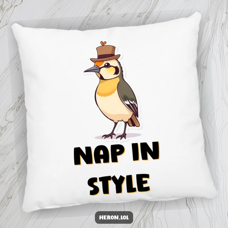 Funny Pillow featuring a proud bird wearing a jaunty hat, offering comfort and a stylishly humorous accent to any room.