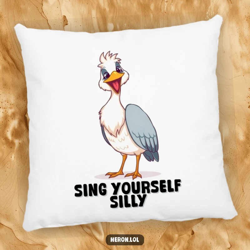 Funny goofy heron pillow depicting a bird with a grin singing a loud song, offering humorous comfort and quirky style.