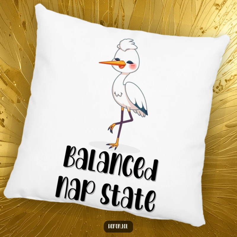 Funny Happy Heron Pillow: Serene heron bird standing on one leg, looking content and peaceful, bringing humorous comfort.