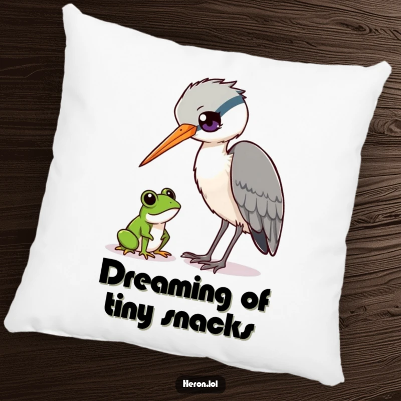 Funny Heron and Frog Pillow: Heron bird curiously observing a tiny frog, soft decor, wildlife humor, funny gift.