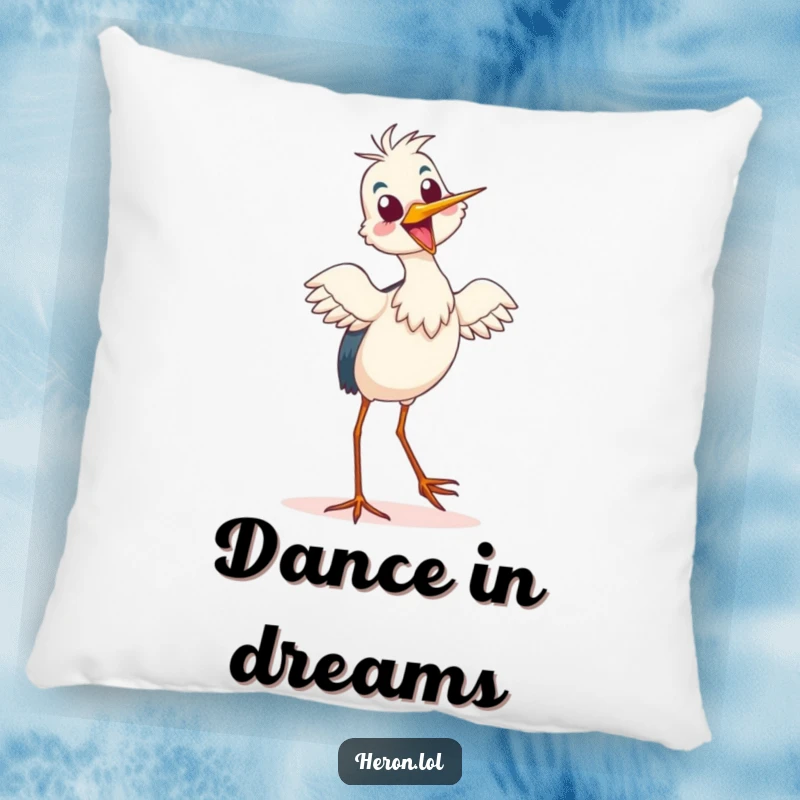 Funny Pillow featuring a delighted heron doing a silly tiptoe dance, offering comfort and a dose of infectious good cheer.