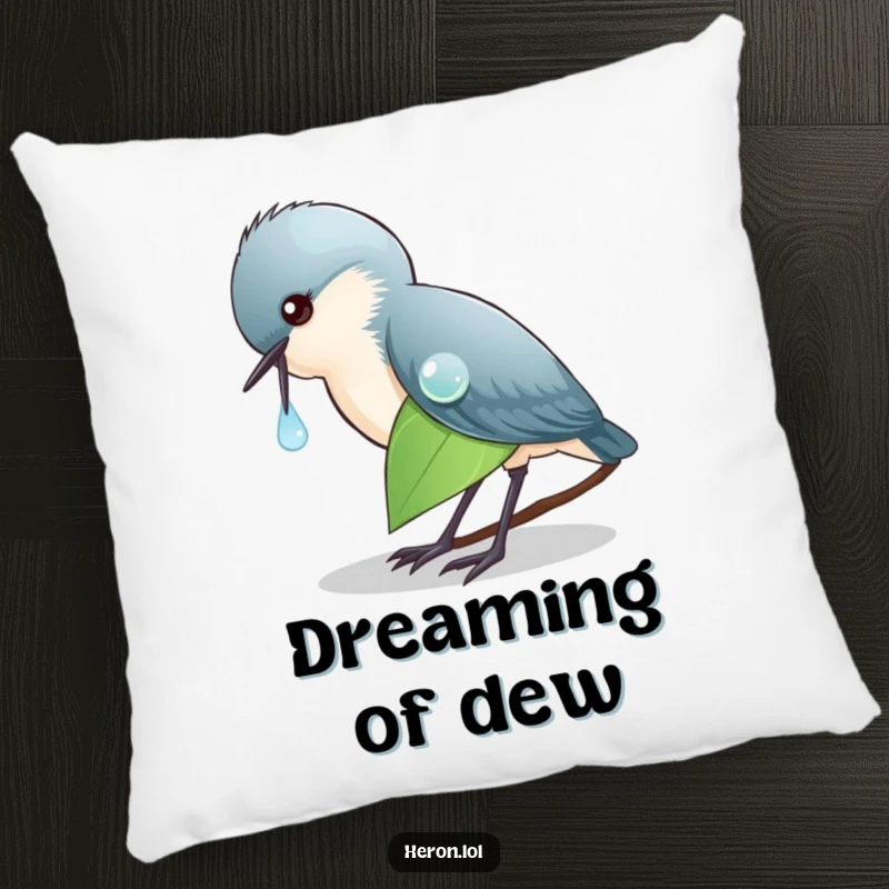 Funny Pillow featuring a heron focused on a dewdrop on a leaf, providing comfort and a humorous touch to any couch or bed.