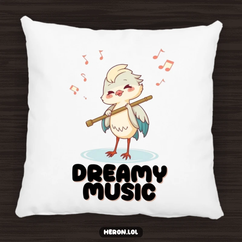 Funny joyous heron playing a flute made of a reed, with musical notes floating on a decorative bird pillow.
