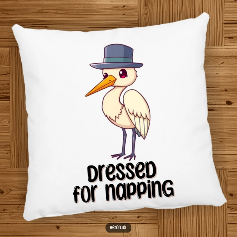 Funny accent pillow with a heron bird wearing a hat and tipping it politely, adding a sophisticated humorous touch.