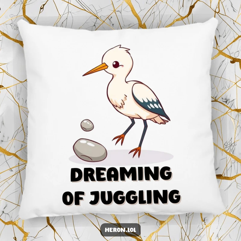 Funny heron bird attempting to juggle three shiny pebbles with its feet, a soft pillow conveying humorous avian talent.