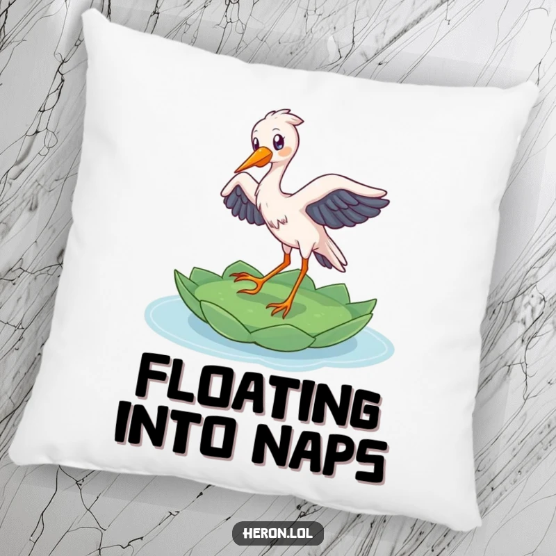 Funny Heron Pillow: A delighted bird lands gracefully on a lily pad, offering comfort and a touch of natural humor.