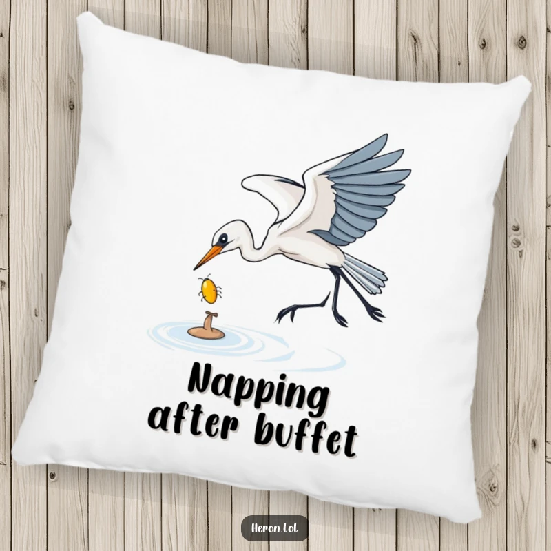 Funny Pillow design depicting a heron gracefully swooping to catch a shiny bug, offering soft comfort and a dose of nature's humorous precision.