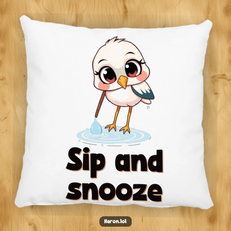 Funny pillow featuring a heron with wide, curious eyes, gently scooping water with its beak, providing plush comfort and a humorous touch.