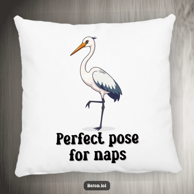Funny heron pillow, decorative cushion, elegant bird posing on one leg, soft plush toy, cute gift.