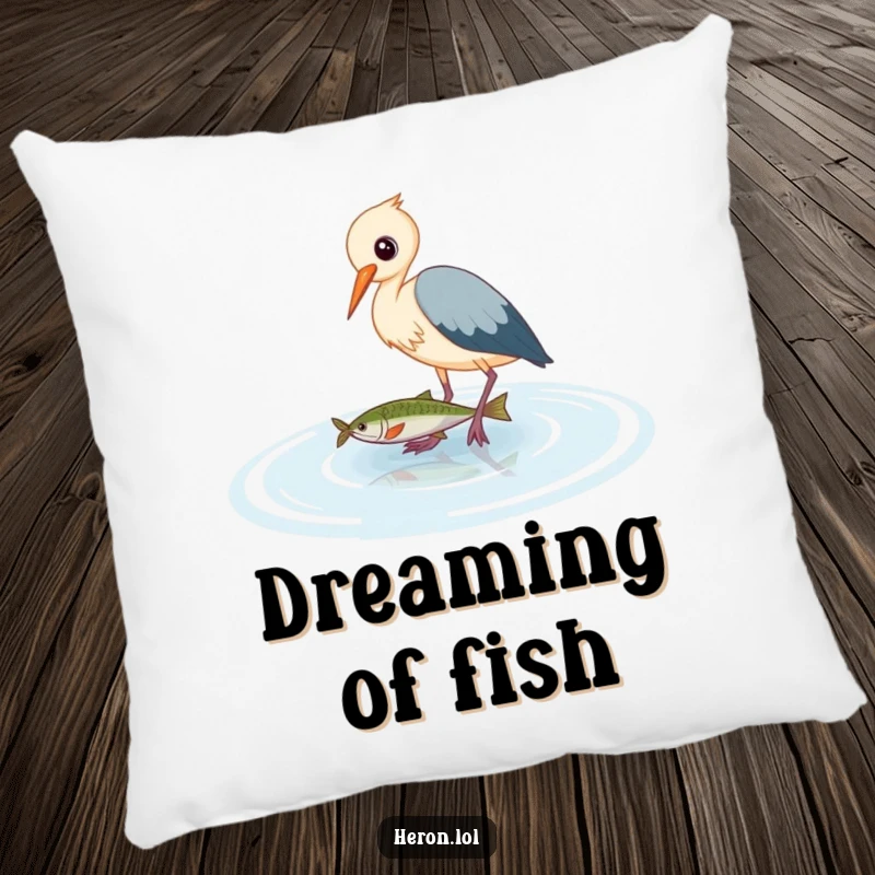 Funny Heron Pillow: Cute bird artfully wading in shallow water, focused on catching a fish, bringing humorous charm to any room.