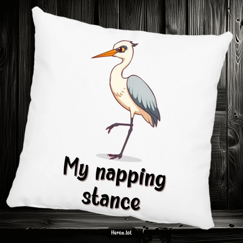 Funny pillow featuring a heron in a comical tiptoeing pose on one leg, providing soft comfort and a humorous visual.
