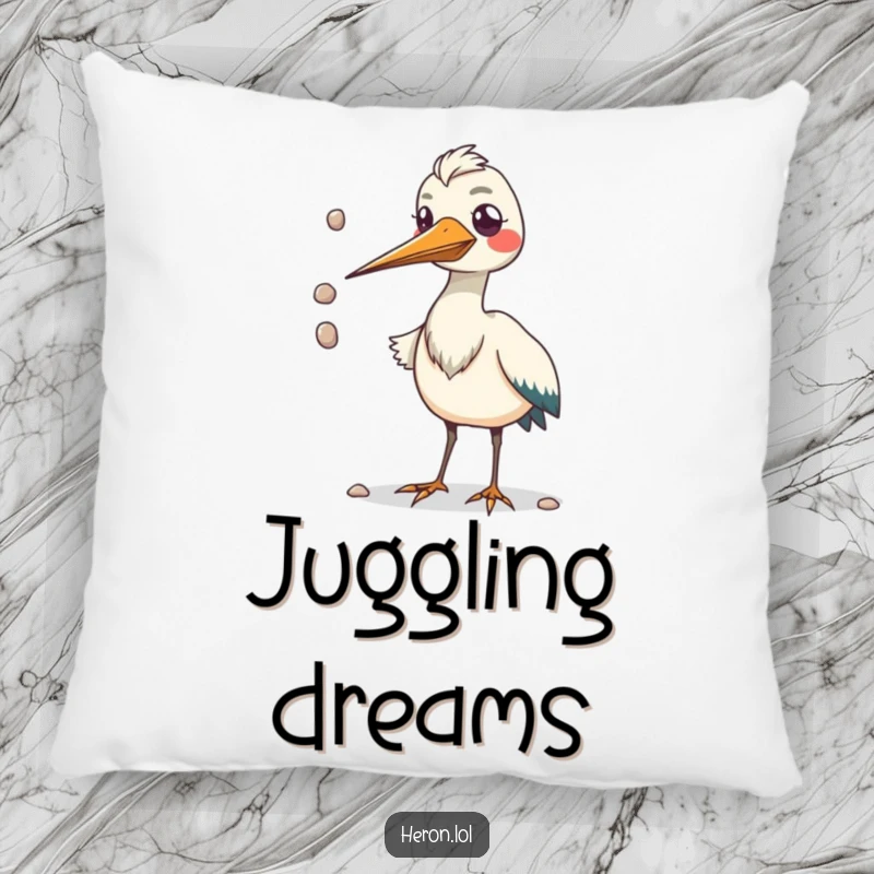 Funny pillow featuring a kawaii heron bird with a comically large beak juggling pebbles, adding comfort and quirky charm.