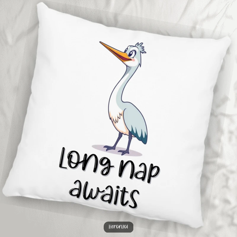 Funny cute heron stretching its long neck upwards with a wide grin on a decorative bird pillow.