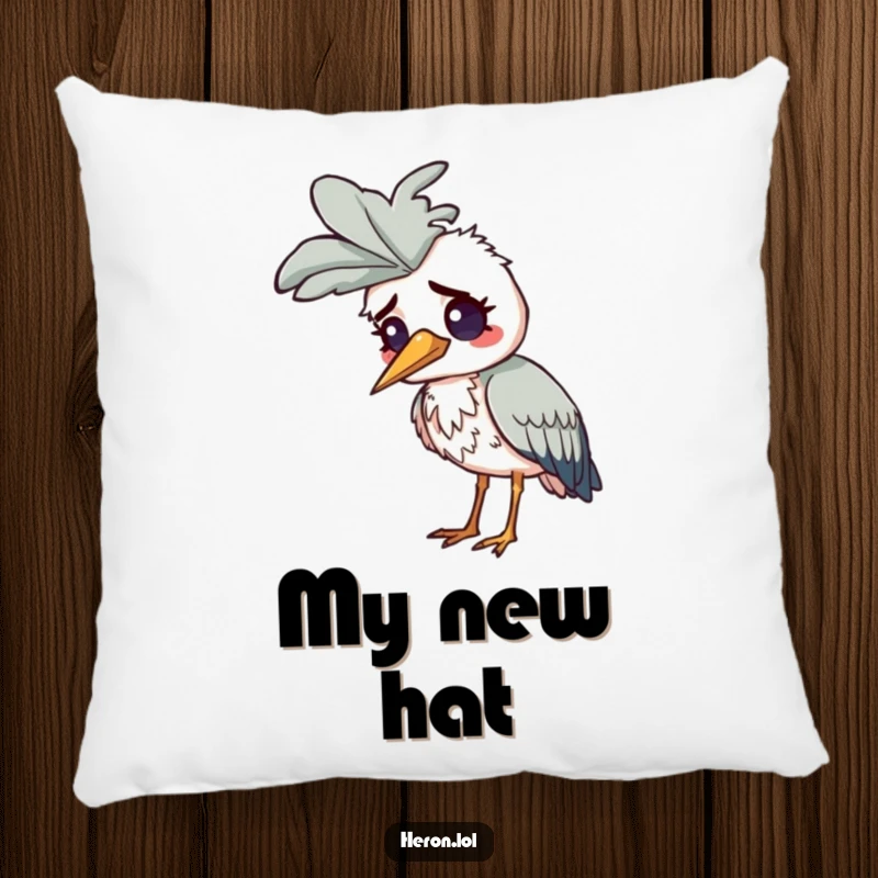 Funny Confused Heron Pillow: A heron looks utterly confused by the large feather resting on its head.
