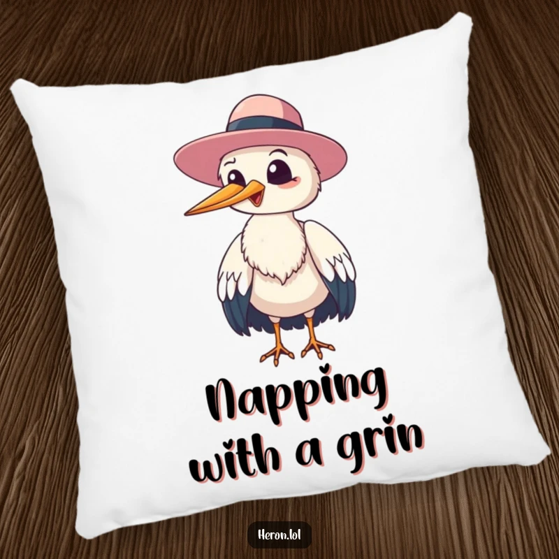 Funny heron bird giggling and tipping its floppy hat to the viewer, a soft pillow conveying humorous avian cheer.