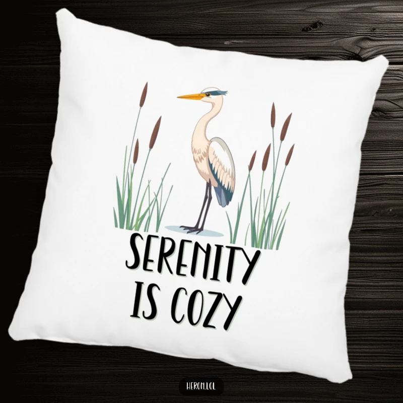 Serene heron bird pillow, majestic and standing tall amidst reeds, offering comfort and a touch of nature's tranquility.