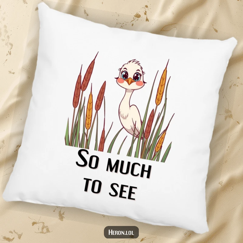 Funny Pillow featuring a joyful heron peering over reeds, its wide, curious eyes radiating a sense of gentle wonder and peace.