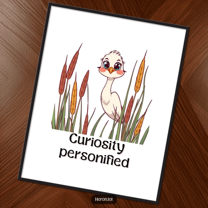 Funny Digital Art Print of a joyful heron peering over reeds, its wide, curious eyes creating a charming and whimsical focal point.