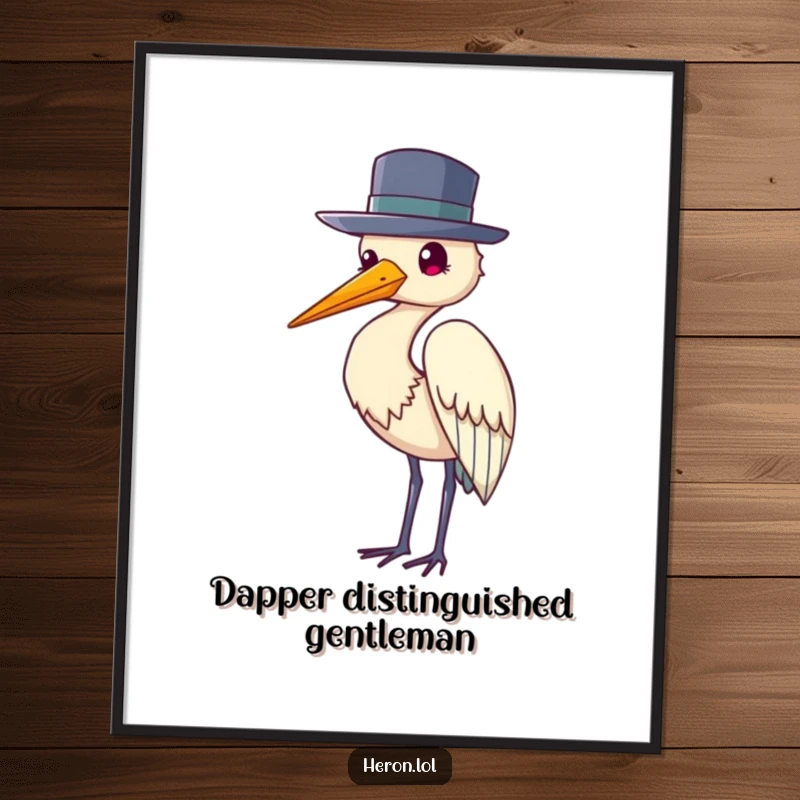 Funny digital art print of a heron bird wearing a small hat and performing a polite, courteous hat tip.