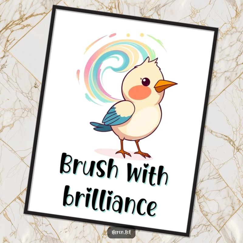 Funny digital art print of a bird artistically painting a swirling pattern in the air, capturing airborne artistic talent.