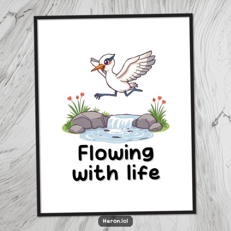 Funny Digital Art Print of an energetic heron leaping over a sparkling stream, creating a vibrant and dynamic focal point.