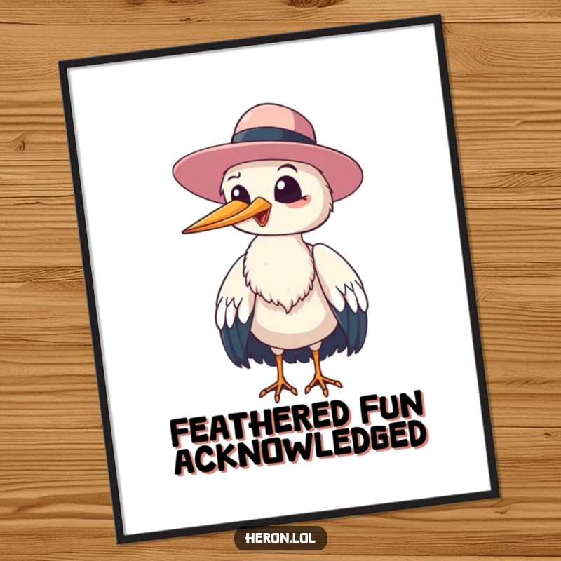Funny heron bird giggling and tipping its floppy hat to the viewer, downloadable humorous art print, instant avian cheer.