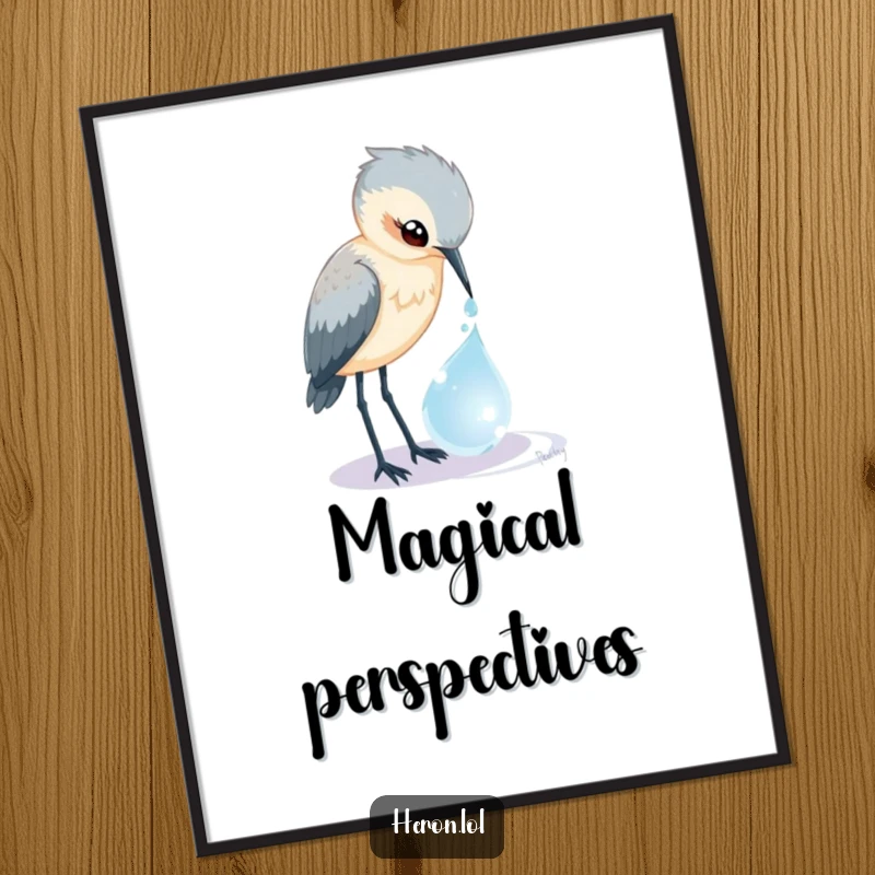 Funny Heron Digital Art Print: Curious bird peers into a magical dewdrop, creating a whimsical and humorous visual.