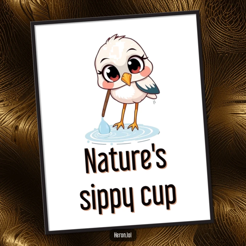 Funny digital art print of a heron with wide, curious eyes, captured scooping water with its beak, a humorous and artistic depiction.