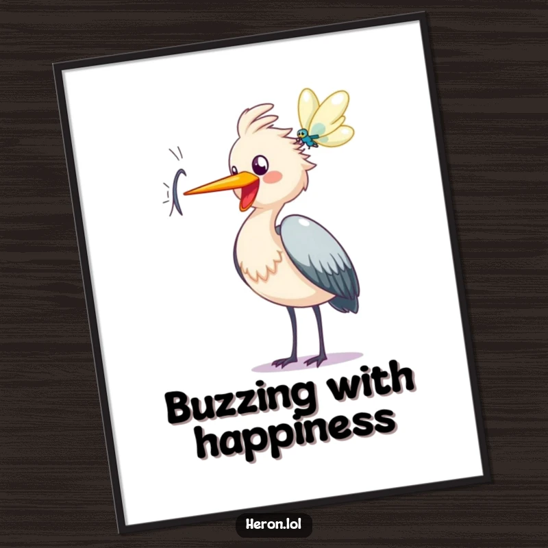 Funny heron digital art, happy bird cawing at dragonfly, printable wall decor, joyful cartoon download, instant gift.