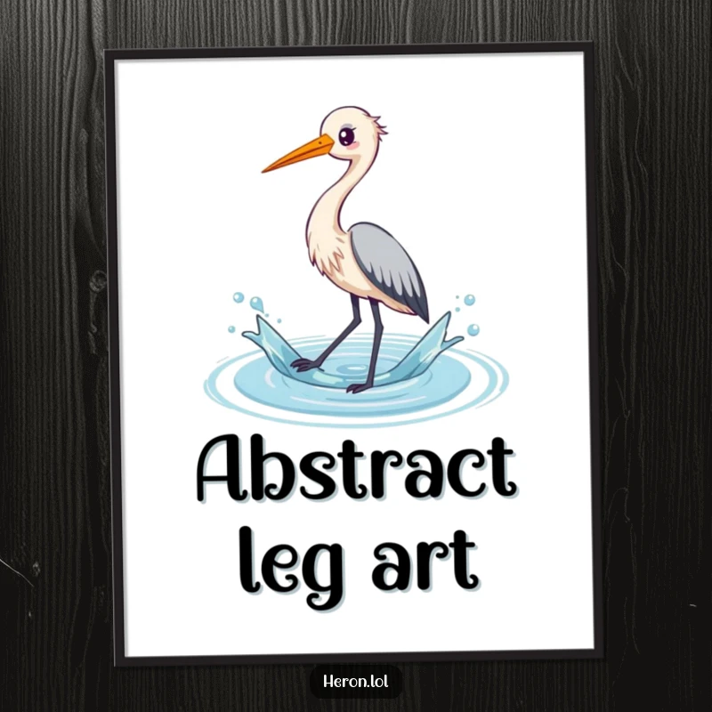 Funny digital art print of a kawaii heron bird joyfully splashing water with its long legs, perfect for instant, cheerful wall decor.