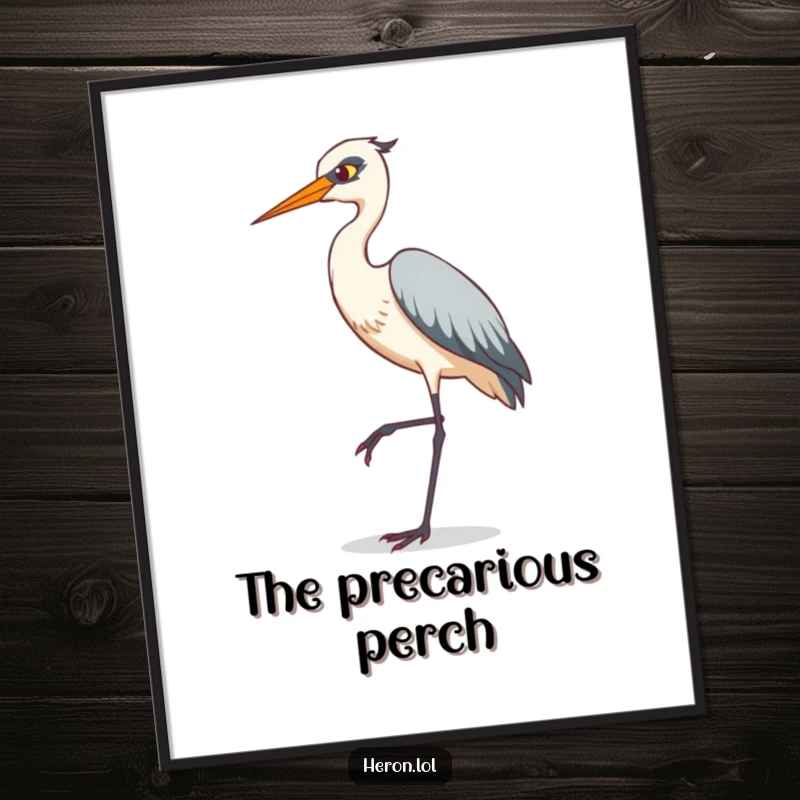 Funny digital art print of a heron performing a comical tiptoe pose on a single leg, a humorous and artistic depiction.