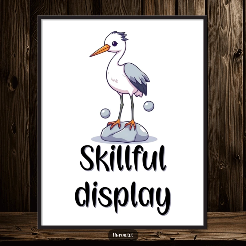 Funny digital art print of a heron with legs in the air, precariously juggling three shiny stones, capturing a moment of avian absurdity.