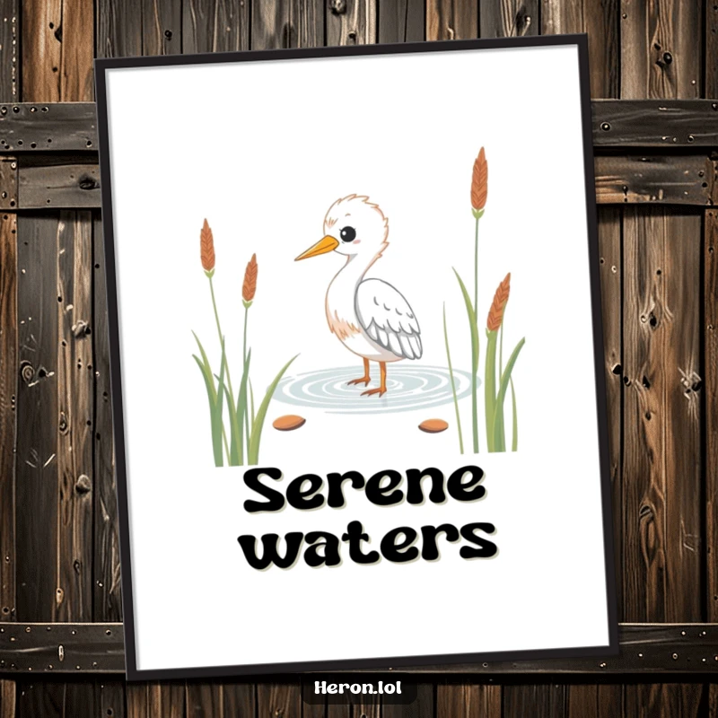 Funny Kawaii Heron Digital Art Print: Serene bird wading gracefully through reeds, offering peaceful humor as wall decor.