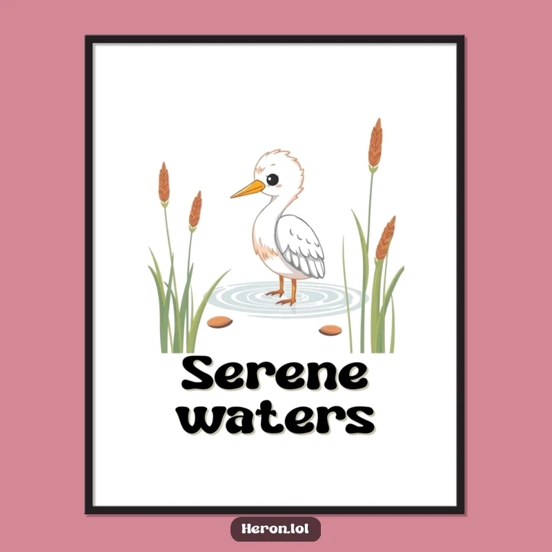 Funny Kawaii Heron Digital Art: Serene Wading Bird, Instant Humorous Decor