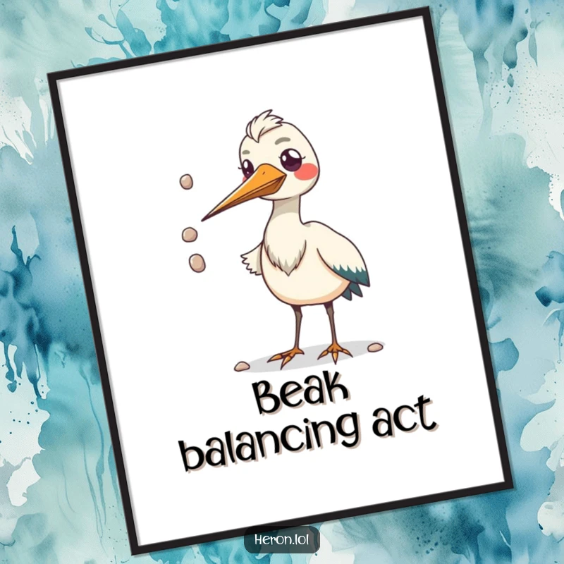 Funny digital art print of a kawaii heron bird with a comically large beak juggling pebbles, adding playful decor.