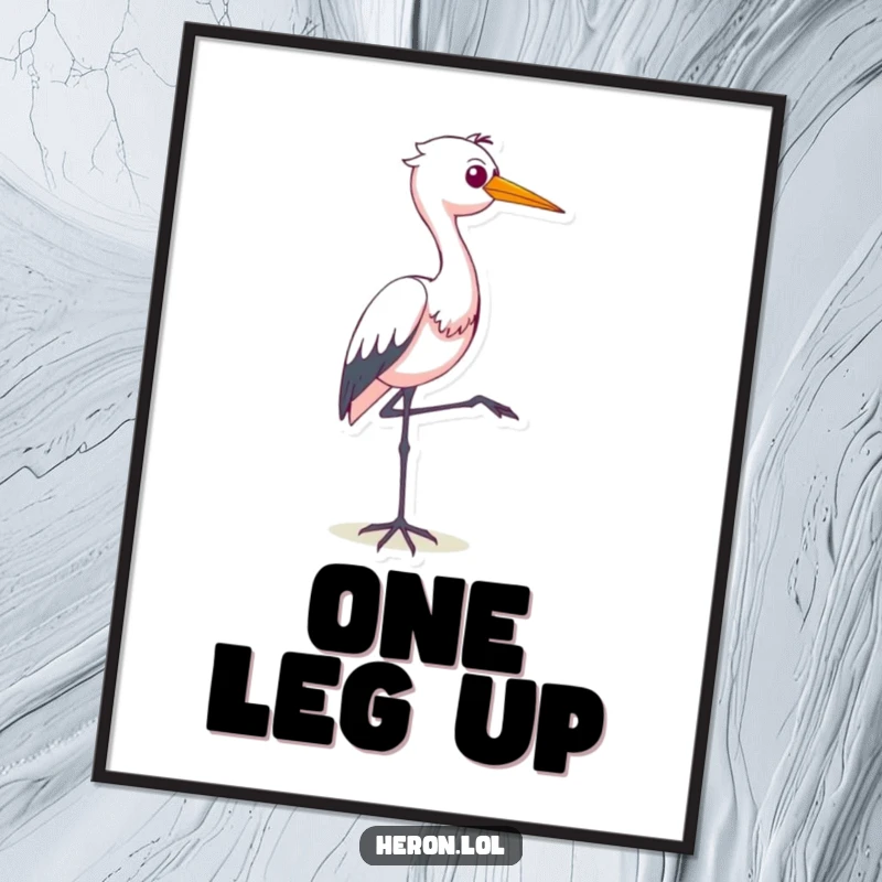 Funny digital art of a smug heron artistically balanced on one leg, radiating a hilarious and confident personality. Instantly downloadable.