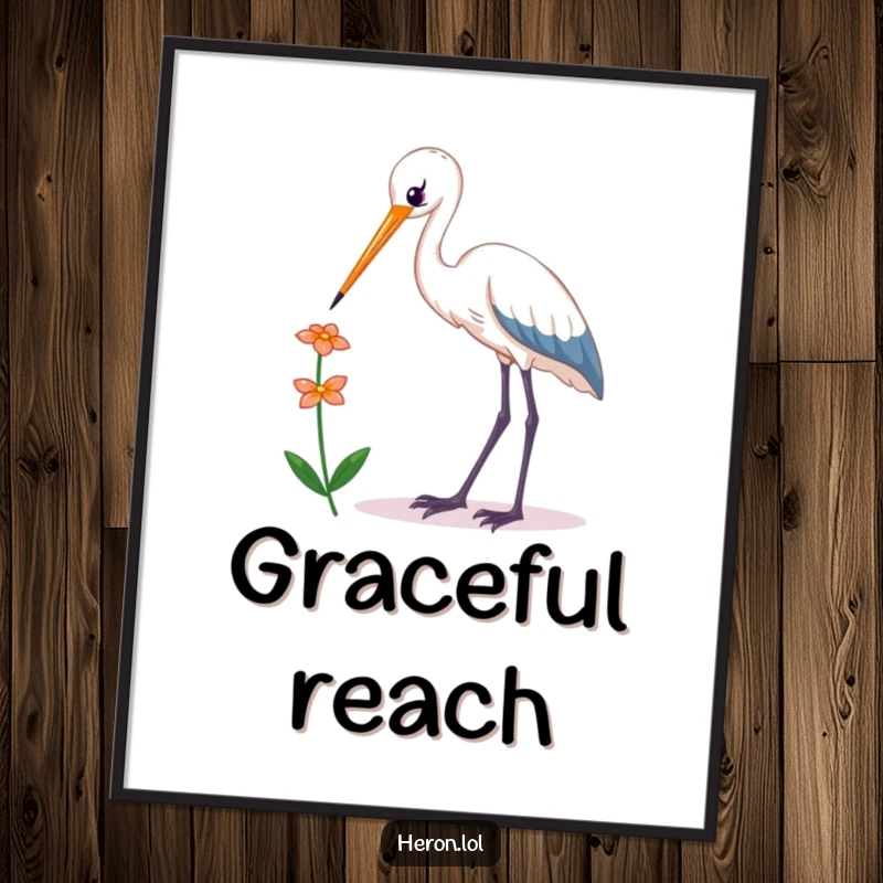 Funny Kawaii Heron Digital Art Print: Elegant bird reaching gracefully for a tiny flower, capturing a moment of humorous beauty.