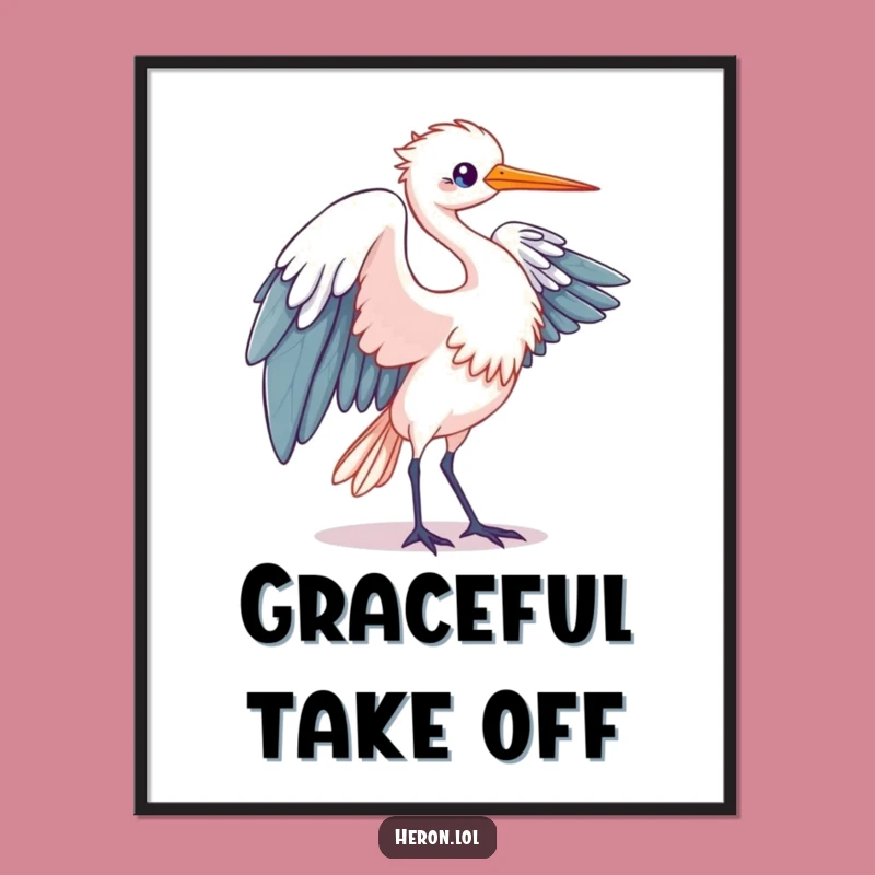 Funny Kawaii Heron Digital Art: Elegant Wing Motion, Instant Humorous Decor