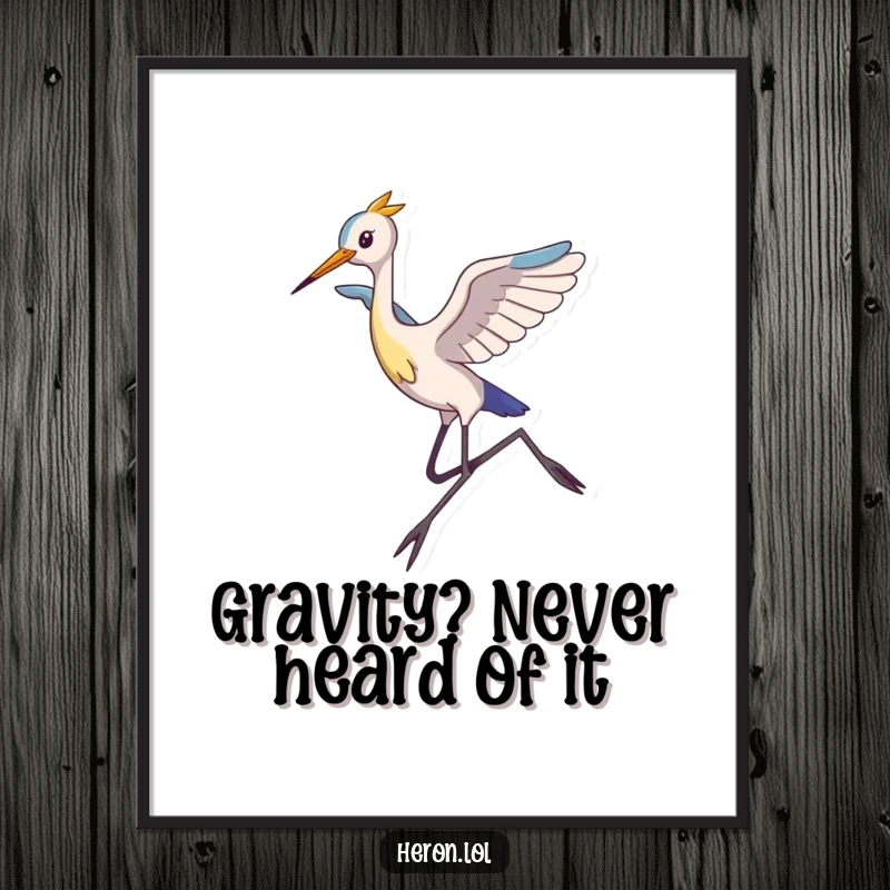 Funny Digital Art Print of a slim heron with long legs in a dramatic aerial leap, offering high-resolution humor and elegant avian artistry.