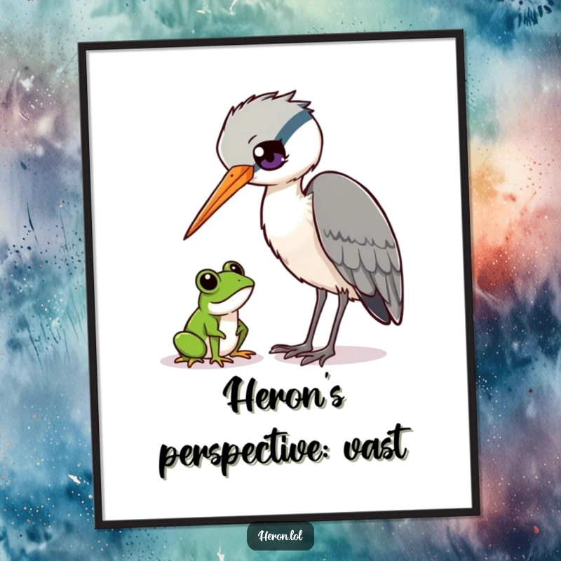 Funny Heron and Frog Digital Art: Heron bird curiously observing a tiny frog, instant download, wildlife humor, funny gift.
