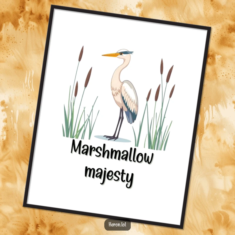 Majestic heron bird digital art print, standing tall amidst reeds, looking serene, bringing peace to any space.
