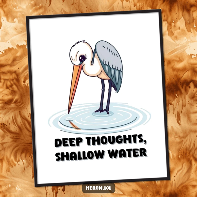 Heron bird with its beak in the water, a peaceful and elegant digital art print for nature lovers.